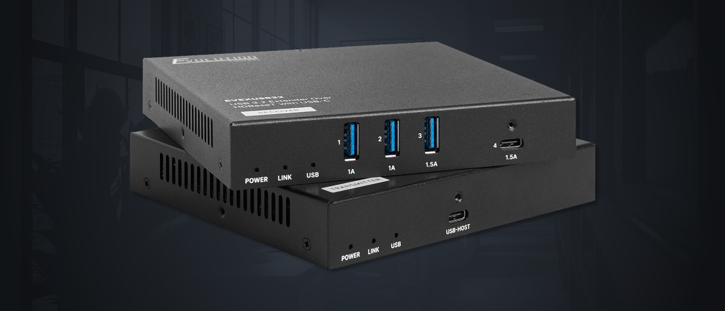 Hero shot of the Evolution by Vanco EVEXUSB32 USB 3.2 Extender Over HDBaseT with USB-C.